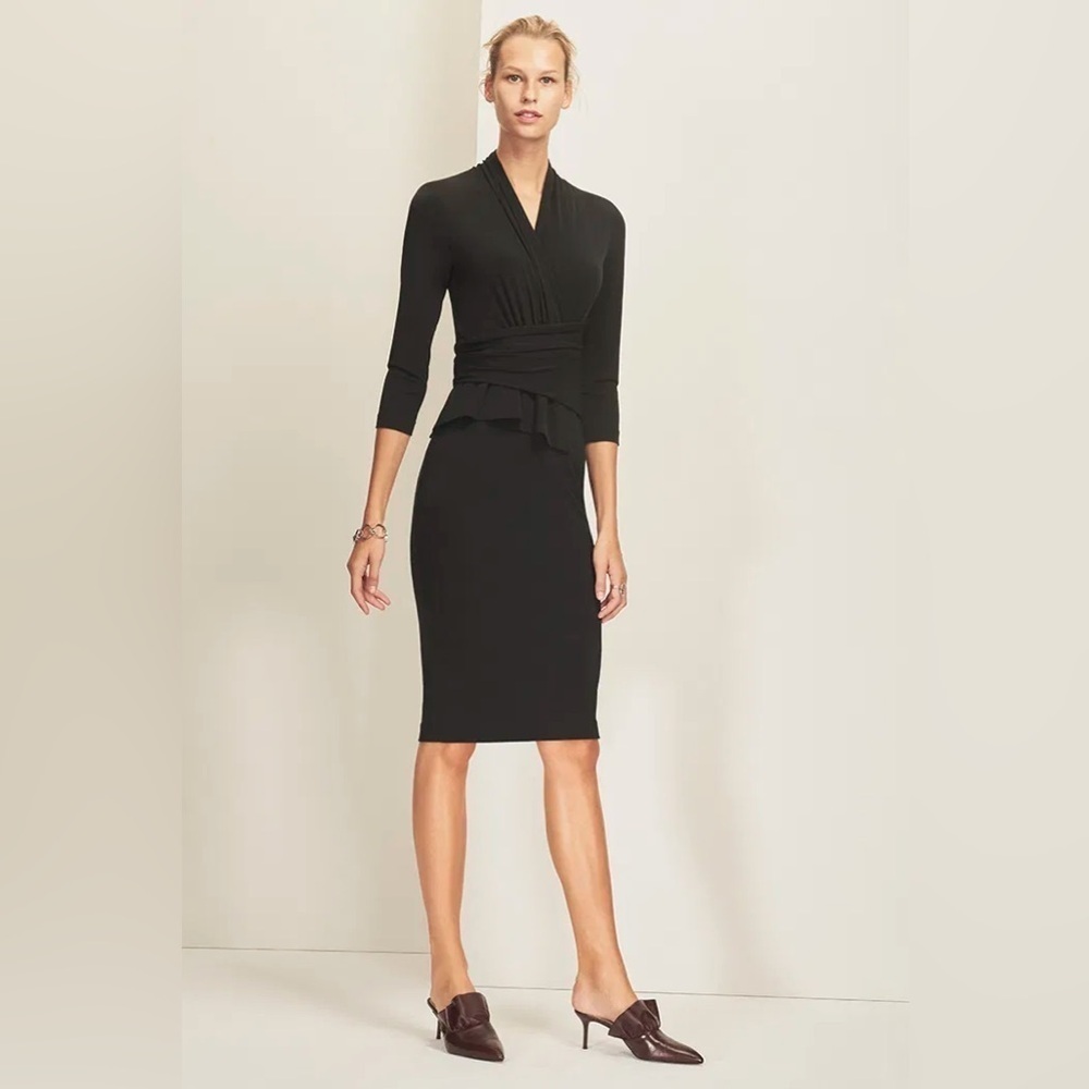 The Fold Arlington Black Jersey Midi V-Neck Dress Size 16 Peplum Bodycon Classic